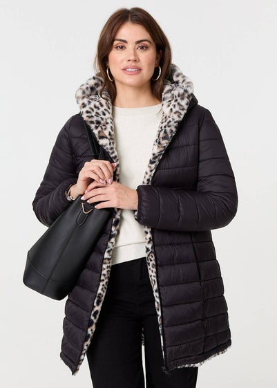 Izabel London Black Reversible Animal Print Puffer Jacket