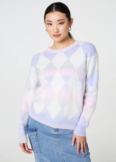 Izabel London Lilac Printed Relaxed Fit Round Neck Jumper