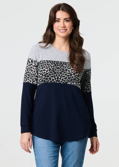 Izabel London Navy Animal Print Striped Top