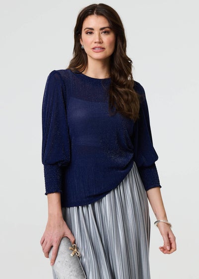 Izabel London Navy Sparkly Puff Sleeve Mesh Top