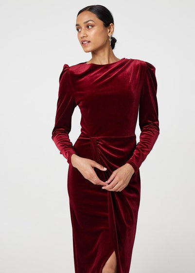 Izabel London Red Velvet Long Puff Sleeve Split Hem Midi Dress