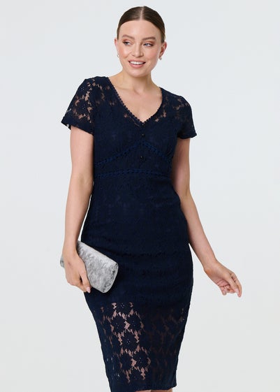 Izabel London Navy Floral Lace Layer Slim Knee Length Dress