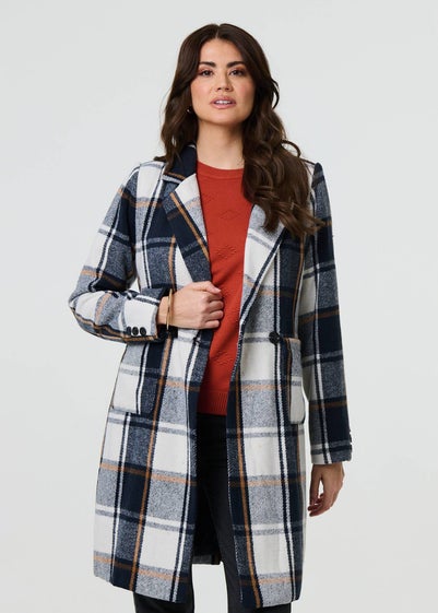 Izabel London Navy Checked Double Breasted Trench Coat