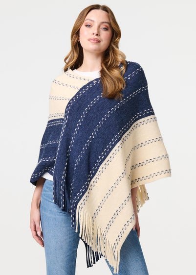 Izabel London Blue Striped Tassel Trim Oversized Poncho