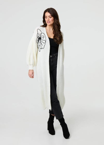 Izabel London Ivory Floral Embroidered Longline Open Cardigan