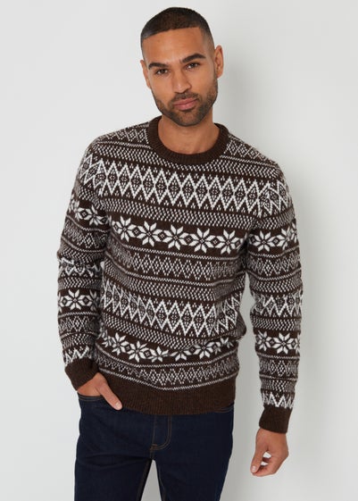 Threadbare Chocolate Fairisle Crew Neck Christmas Jumper