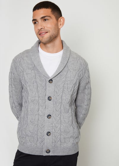 Threadbare Grey Cable Knit Shawl Collar Cardigan With Wool