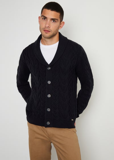 Threadbare Navy Cable Knit Shawl Collar Cardigan With Wool