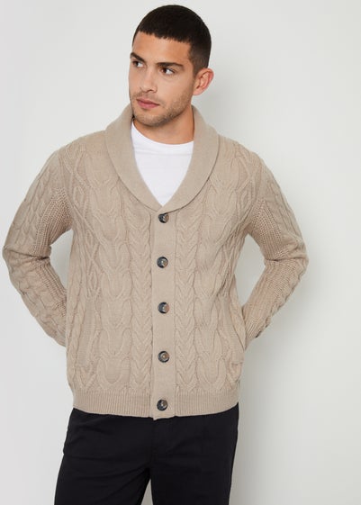 Threadbare Stone Cable Knit Shawl Collar Cardigan With Wool