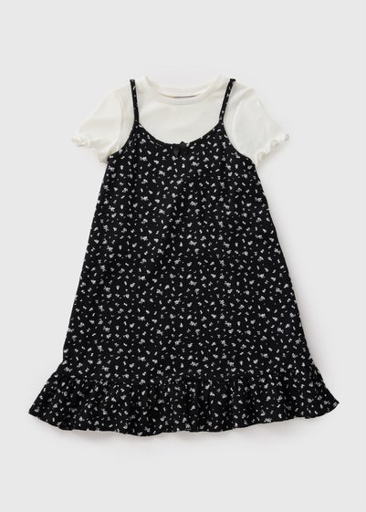 Girls Black Ditsy 2-in-1 Crinkle Dress (7-15yrs)