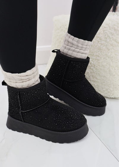 Love Lemonade Black  Sparkly Bling Platform Mini Snugg Boots