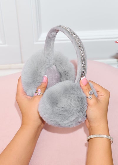 Love Lemonade Grey Sparkly Crystal Fluffy Faux Fur Ear Muffs