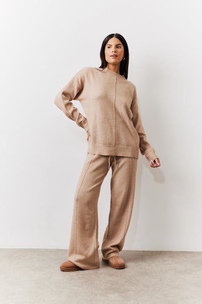 In The Style Beige Seam Front Knit Co-Ord Wide Leg Trousers