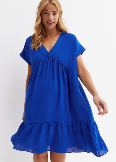 Gini London Cobalt Blue V-Neck Tiered Mini Smock Dress