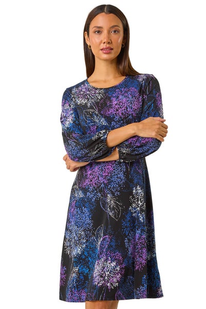 Roman Purple Foliage Print Tea Dress