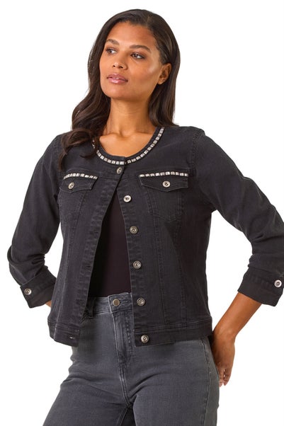 Roman Black Collarless Tape Stretch Denim Jacket