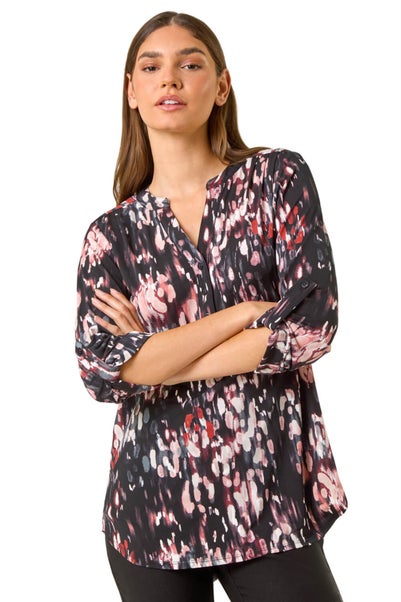 Roman Mocha Textured Abstract Print V-Neck Stretch Top