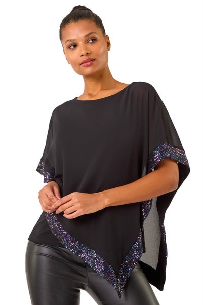 Roman Purple Sequin Hem Overlay Stretch Top