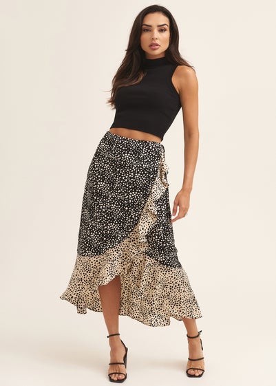 Gini London Black Animal Mix Print Wrap Ruffle Midi Skirt