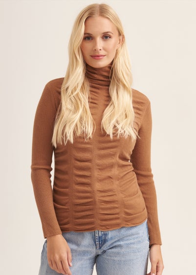 Gini London Camel Fine Knit Textured High Neck Top