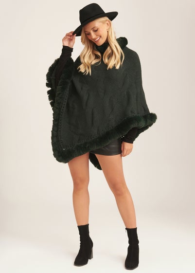 Gini London Green Fur Trim Knit Cape