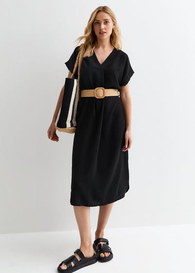 Gini London Black V Neck Raffia Belt Tunic Dress