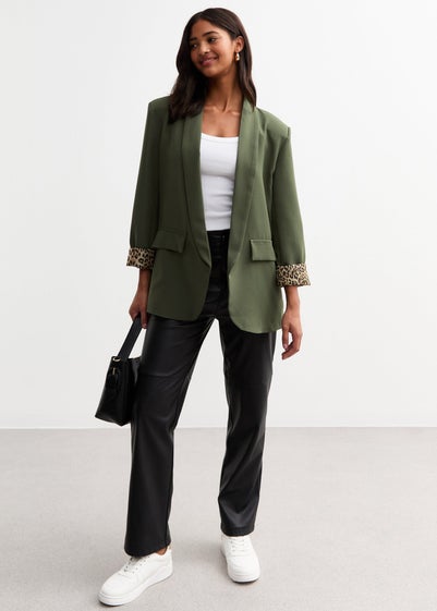 Gini London Khaki Contrast Animal Edge to Edge Blazer