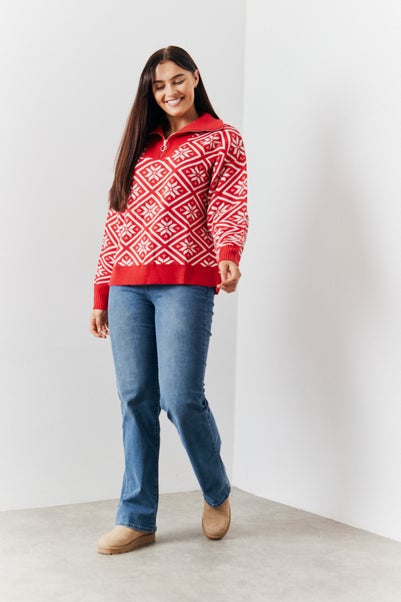 In The Style Red Half Zip Snowflake Fair Isle Knit Jumper