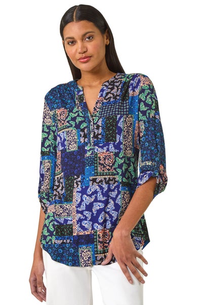 Roman Navy Paisley Contrast Print Stretch Top