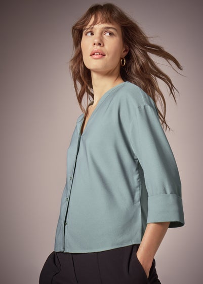 Et Vous Sage Button Front V Neck Blouse