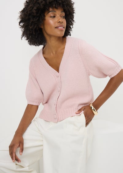 Pink Button Front Puff Sleeve Cardigan