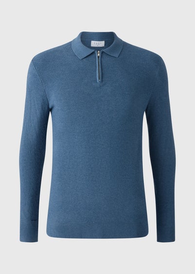 Blue Ribbed Smart Zip Polo Jumper
