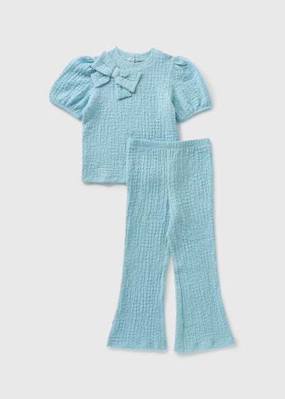 Girls Blue Crinkle Bow Top & Trouser Set (1-7yrs)