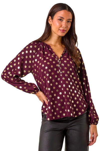 Roman Burgundy Spot Foil Print Blouse