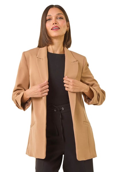 Roman Tan Tailored Ruched Sleeve Stretch Jacket