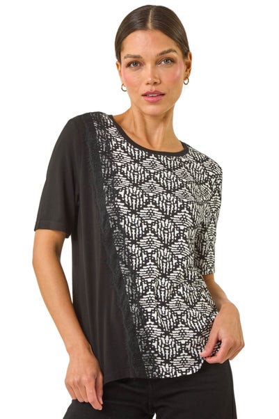 Roman Black Contrast Print Lace Trim Top