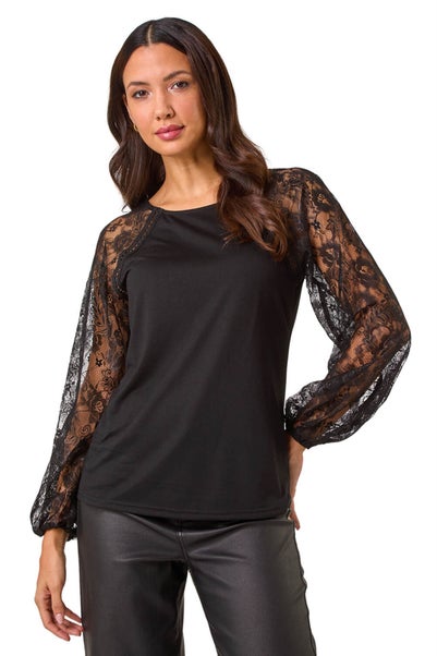 Roman Black Lace Sleeve Stretch Tunic Top