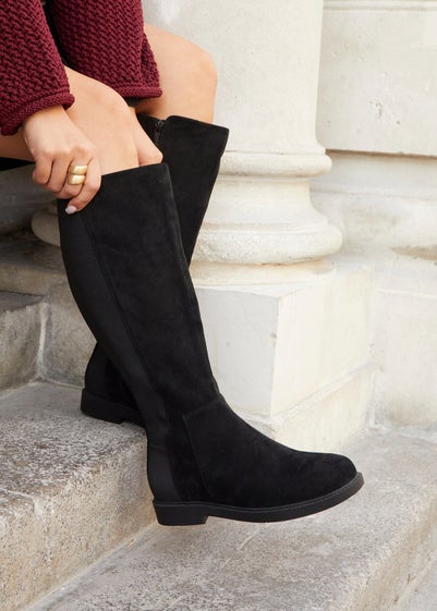 Linzi Steel Wide Fit Black Faux Leather Knee High Stretch Boot