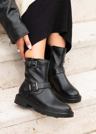 Linzi Trinity Black Faux Leather Biker Style Boot