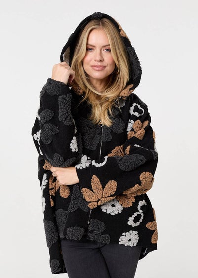 Izabel London Brown Textured Floral Longline Hoodie Coat