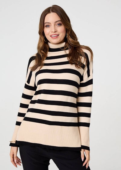 Izabel London Beige Striped Relaxed Roll Neck Jumper