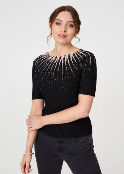 Izabel London Black Sequin Embellished Short Sleeve Knit Top