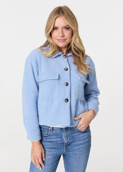 Izabel London Blue Flannel Cropped Pocket Front Shacket