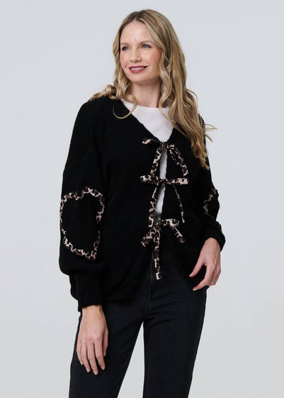 Izabel London Black Animal Print Trim Tie Front Cardigan