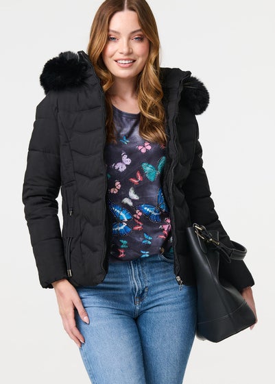 Izabel London Black Faux Fur Hooded Zip-Up Puffer Jacket