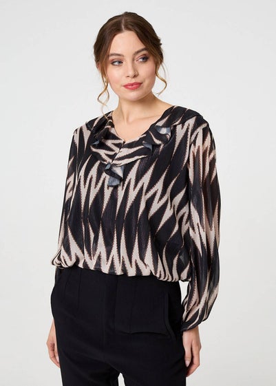 Izabel London Black Printed Semi Sheer Ruffled V-Neck Blouse