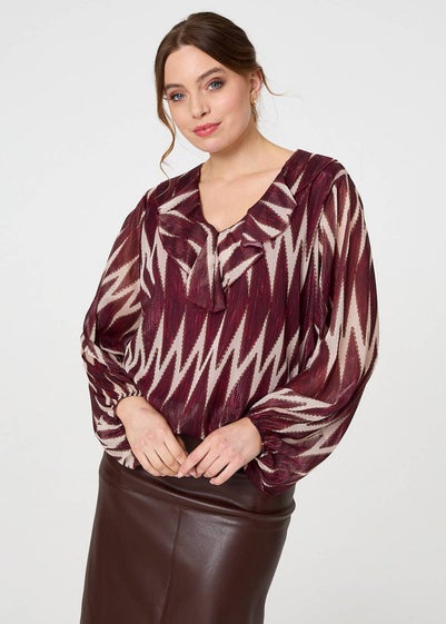 Izabel London Burgundy Printed Semi Sheer Ruffled V-Neck Blouse