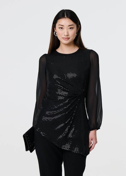 Izabel London Black Semi Sheer Sparkly Long Sleeve Blouse