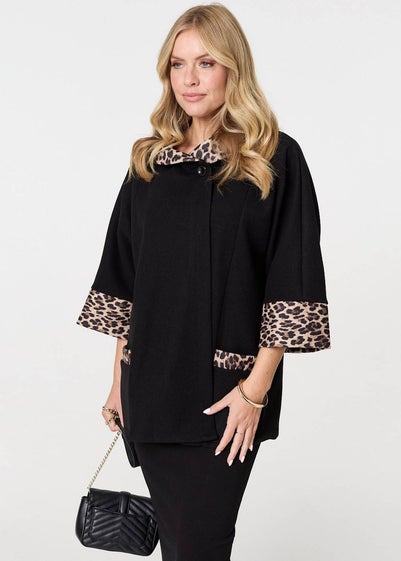 Izabel London Black Animal Print Trim Cape Coat