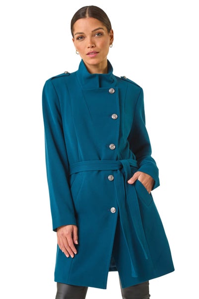 Roman Teal Funnel Neck Buttoned Coat